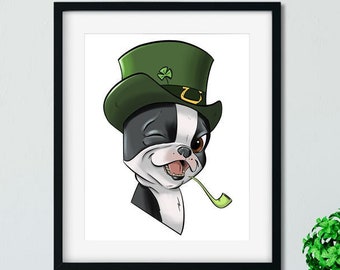 Boston terrier saint patricks day art print, boston terrier Irish wall decor art, dog art home decor art print