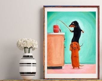 Dachshund gift, The Bone Thieves - Dachshund Dog Art wall decor, Dachshund wall art print