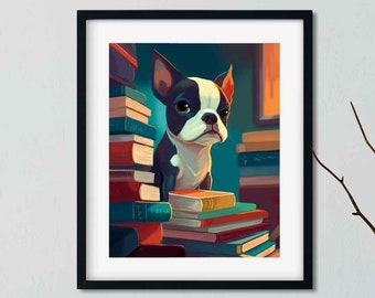Boston Terrier books gift, boston terrier library dog art print, books print wall decor boston terrier art, study wall decor