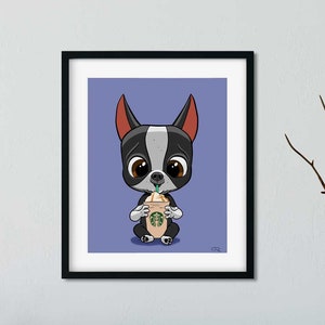 Boston Terrier gift, boston terrier blue dog art print, print wall decor boston terrier art, wall decor, boston terrier coffee art, soda pop