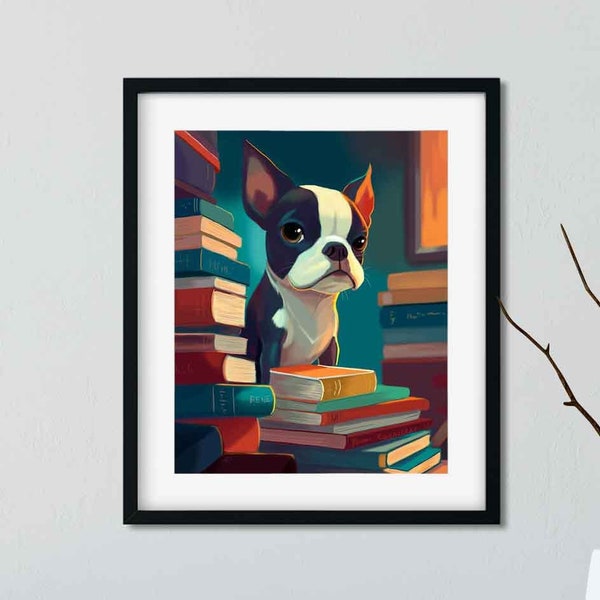 Boston Terrier books gift, boston terrier library dog art print, books print wall decor boston terrier art, study wall decor