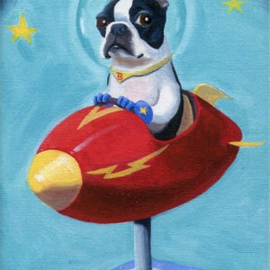 Boston terrier gift, boston terrier art, Boston Terrier Space Rocket -  Dog Art Magnet, sci fi dog art, boston terrier kitchen magnet