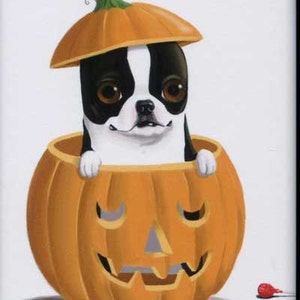 Boston terrier gift magnet, Boston Terrier Pumpkin Halloween dog art magnet, fun boston terrier art, dog lover, halloween gift image 1