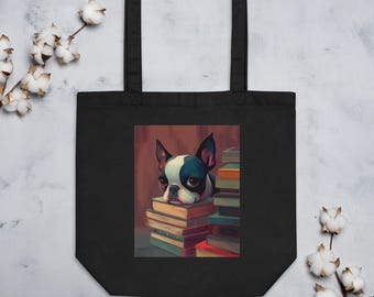 Bolsa de mano con diseño de Boston Terrier sobre libros: regalo perfecto para amantes de los perros y los libros, bonita bolsa de lona para uso diario, regalo artístico de perro Boston Terrier
