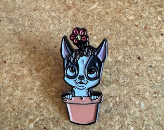 Boston terrier gift, boston terrier pin, boston terrier lapel pin, flower on head pin, boston terrier flower, soft enamel pin, flower pot