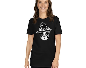 Boston terrier witch Short-Sleeve Unisex T-Shirt, boston terrier halloween shirt, boston terrier gift, witch dog art, boston terrier art