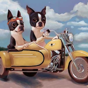 Boston terrier riding a motorcycle, Boston Terrier art gift, dog art gift, home decor, boston terrier motorcycle wall art print, red boston image 1