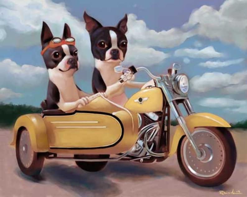 Boston terrier riding a motorcycle, Boston Terrier art gift, dog art gift, home decor, boston terrier motorcycle wall art print, red boston image 1