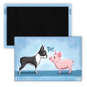 May include: A black and white Boston Terrier dog and a pink pig are looking at each other. The background is a light blue watercolor wash with the word "Short" written in black.