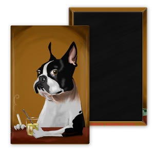 May include: A black and white Boston Terrier dog sits at a bar with a glass of yellow liquid and a cigarette in its mouth. The dog has a serious expression on its face. The background is a brown wall.