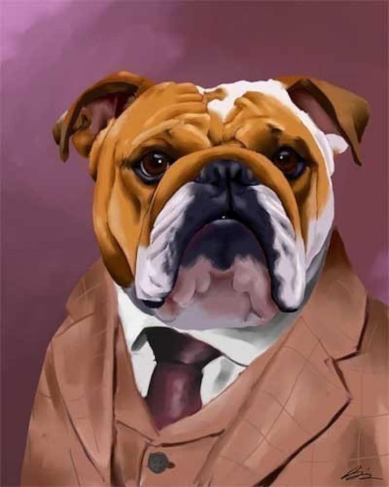 English Bulldog Dressed for a Night Out, bulldog gift, bulldog wall art print, bulldog home decor art image 1