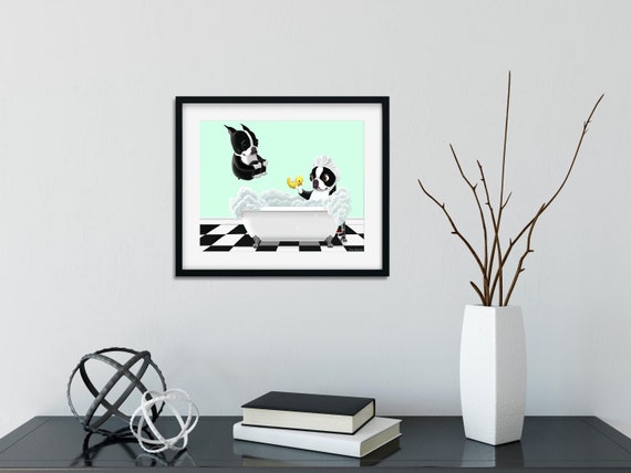 Boston terrier gift, Canvas art print Bath Time, Boston Terrier Dog Art, boston terrier wall decor, boston terrier decor on canvas