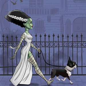 boston terrier art, print bride of Frankenstein, walking a boston terrier, Boston Terrier gift, movie monster, Halloween decor image 1