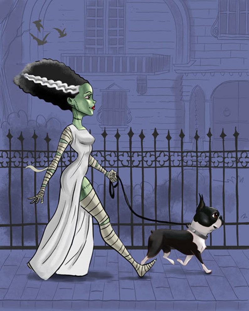 boston terrier art, print bride of Frankenstein, walking a boston terrier, Boston Terrier gift, movie monster, Halloween decor image 1