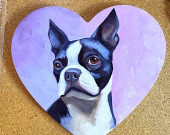 Boston Terrier, Oil Painting on Heart Shaped Birch Panel,  Hand Painted Dog Art, boston terrier original art, boston terrier gift
