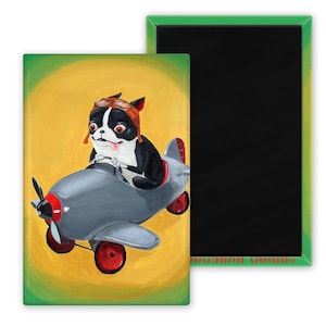 Boston terrier gift, Boston Terrier in Pedal Plane dog art magnet, boston terrier magnet, boston terrier decor