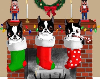 Boston terrier gift, boston terrier art, Boston Terrier Christmas Stockings, wall decor, home decor, christmas art decor