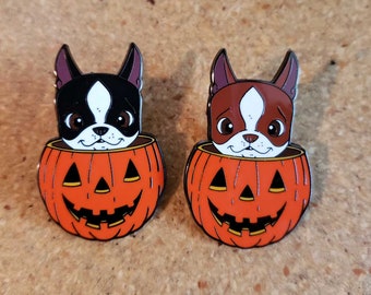 Boston terrier gift, boston terrier pin, boston terrier in a pumpkin, Halloween pin, boston terrier Halloween, enamel pin, Halloween gift
