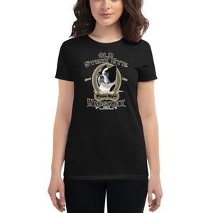 May include: Black t-shirt with a graphic of a Boston Terrier dog with the text "Old Stink Eye Pure Rye Whiskey" in a vintage style.