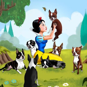 Snow White and the Seven Dwarfs Boston Terriers, Boston terrier gift, boston terrier art, boston terrier wall decor, snow white art image 3