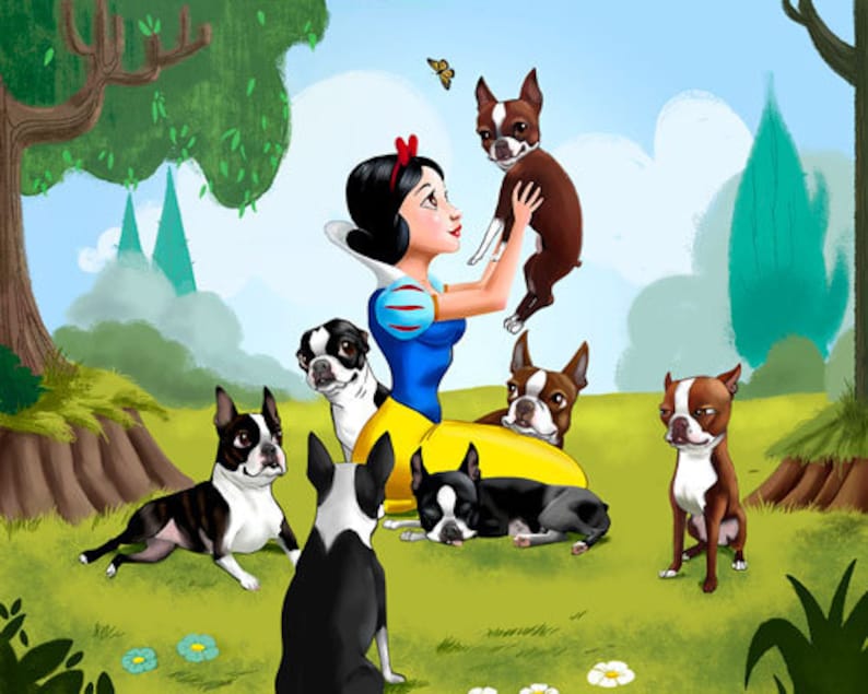 Snow White and the Seven Dwarfs Boston Terriers, Boston terrier gift, boston terrier art, boston terrier wall decor, snow white art image 3