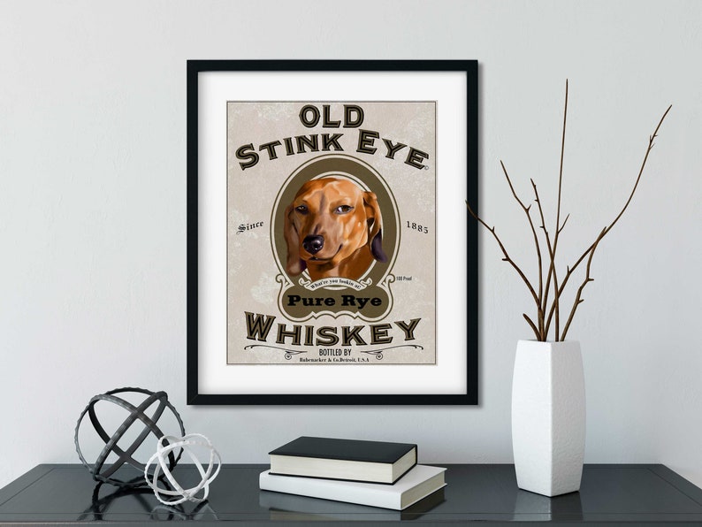 Dachshund gift, Dachshund Cool Art Print, Dachshund art, Dachshund wall decor, whiskey art, cool dog art, old stink eye label art image 1