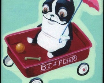 Boston terrier gift, Boston terrier magnet, Boston Terrier in a Red Wagon Waiting for a Ride magnet, dog magnet