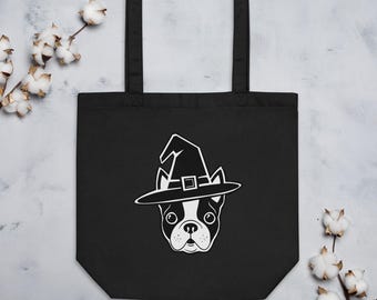 Bolsa de mano ecológica con diseño de Boston Terrier Witch, bolsa de mano con diseño de perro Boston Terrier, bonito regalo para amantes de los perros, bolsa de lona reutilizable para uso diario