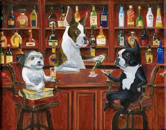 Boston Terrier, Great Dane and Shih Tzu at the Bar Dog Art Print
