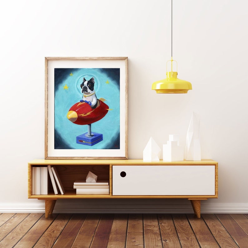 Boston Terrier gift, Boston Terrier in Space Print from Oil Painting, Boston terrier wall art home decor, art print image 1