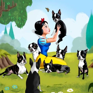 Snow White and the Seven Dwarfs Boston Terriers, Boston terrier gift, boston terrier art, boston terrier wall decor, snow white art image 1