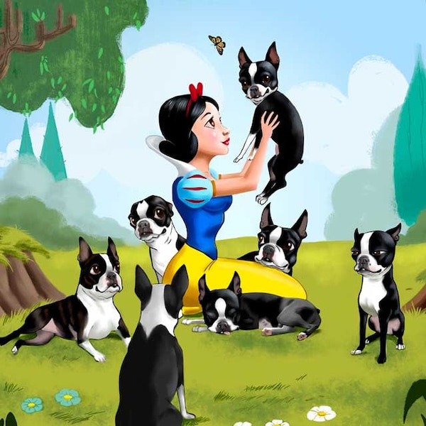 Snow White and the Seven (Dwarfs) Boston Terriers, Boston terrier gift, boston terrier art, boston terrier wall decor, snow white art