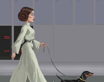 Princess walking a Dachshund, Dachshund gift, Dachshund art print,  wall decor blak and tan dachshund, dog art, sci fi dog art
