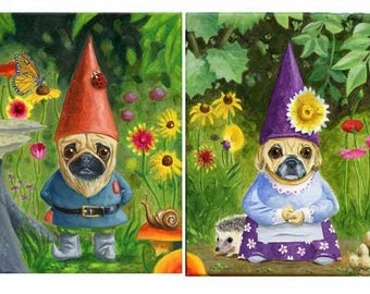 Pug art print, Mr. and Mrs. Pug Gnome SET, Pug gift wall art prints, pug wall home decor, pug gift, Gnome art gift