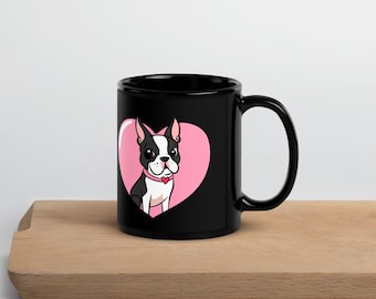 Boston terrier gift, Black Glossy Mug, boston terrier dog art coffee mug, boston terrier heart mug, boston terrier lover, boston terrier mom