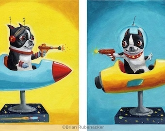 Space Rangers SET- Boston Terrier Print from oil painting, Boston terrier gift, Boston terrier wall decor