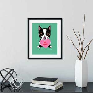 Boston Terrier Holding a Valentine Heart dog art customizable, boston terrier dog art print, boston terrier gift, boston terrier wall decor