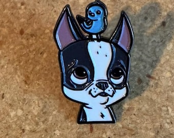 Boston terrier gift, boston terrier pin, boston terrier lapel pin, bird on head pin, boston terrier bird, soft enamel pin, blue bird