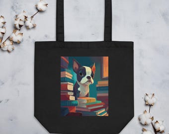 Bolsa de mano con diseño de Boston Terrier sobre libros: regalo perfecto para amantes de los perros y los libros, bonita bolsa de lona para uso diario, regalo artístico de perro Boston Terrier