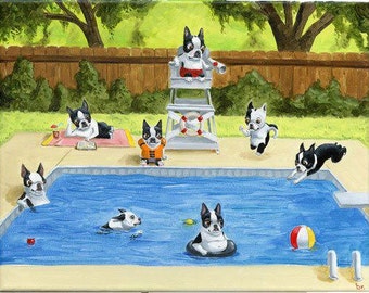 Boston Terrier Pool Party art print wall decor