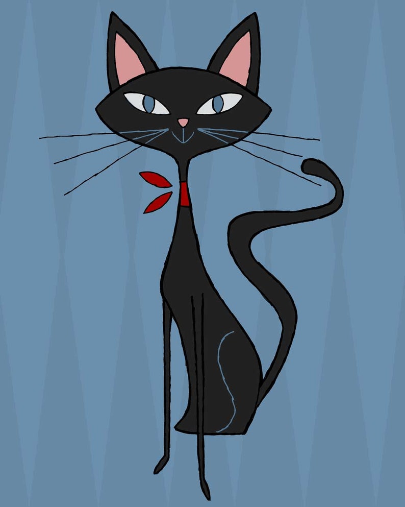 Mid century modern style black cat wall art print cat gift