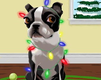 Boston Terrier gift, boston terrier art, Tangled in Christmas Lights, boston terrier wall art print