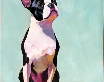 Boston Terrier, Oil Painting on linen Panel,Hand Painted Dog Art, boston terrier original art,boston terrier gift, oil painting,sitting