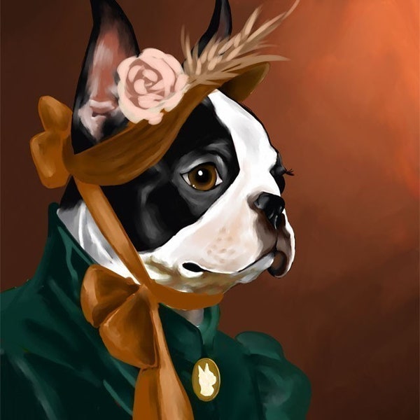 The American Lady - Boston Terrier Art Print by Brian Rubenacker, boston terrier home decor, boston terrier gift