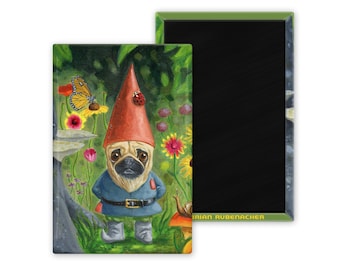 Pug Gnome cute dog art magnet, pug gift, pug lover, pug decor, gnome art