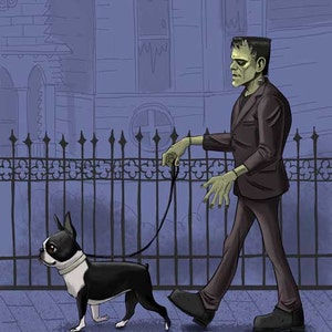 boston terrier art, print, frankenstein monster, bride of Frankenstein, walking a boston Terrier, Halloween decor, Boston Terrier gift