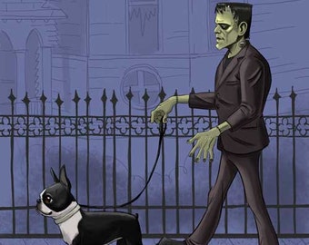 boston terrier art, print, frankenstein monster, bride of Frankenstein, walking a boston Terrier, Halloween decor, Boston Terrier gift