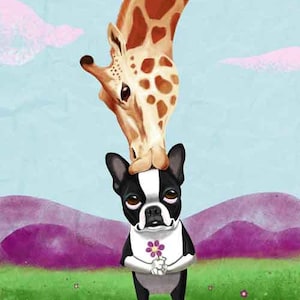 Boston Terrier and Giraffe Dog Art Print, Boston terrier gift, boston terrier decor, boston terrier art, Giraffe art