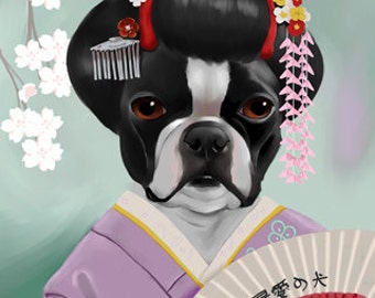 The Geisha Girl - Boston Terrier Art Print by Brian Rubenacker, Boston Terrier gift, Boston Terrier wall decor