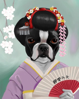 The Geisha Girl Boston Terrier Art Print by Brian Rubenacker